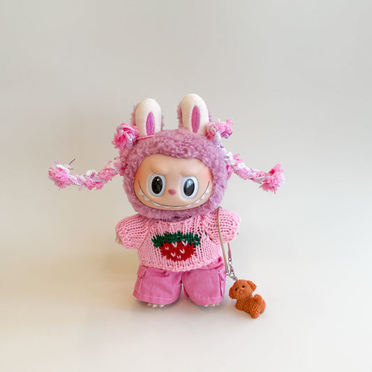 Labubu Strawberry Pink Outfit – Braid Hood Style with Puppy Companion